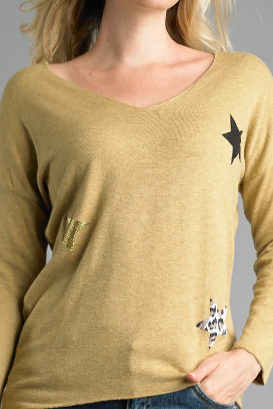 Tempo Lightweight V Neckline Sweater With Stars In Mustard