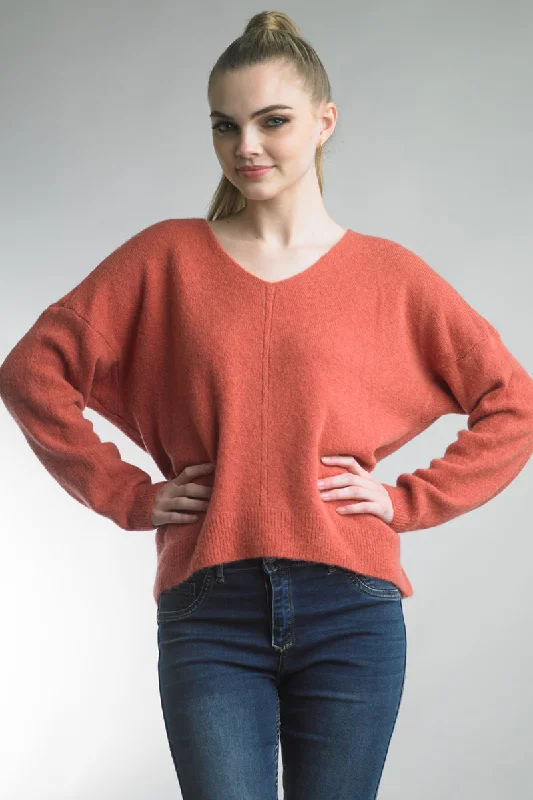 Tempo Paris V-Neck Dolman Sleeve Coral High Low Sweater