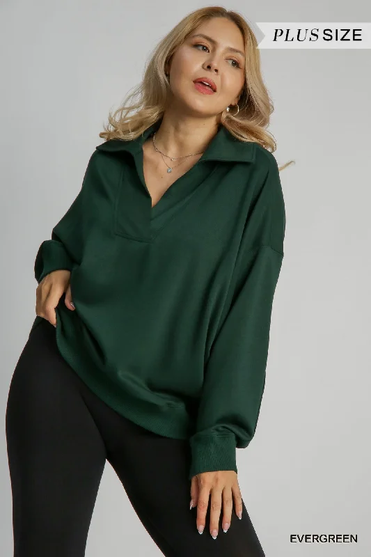 Umgee Neoknit V-Neck Long Sleeve Polo Sweatshirt In Emerald Plus