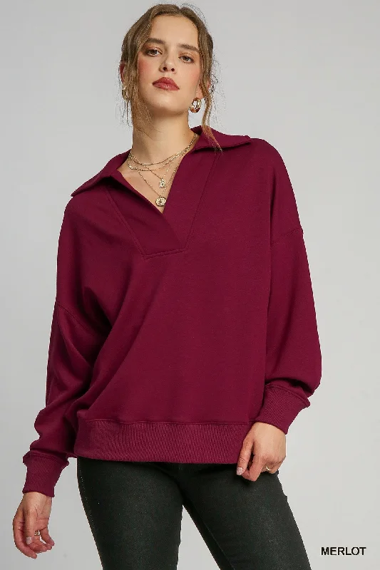 Umgee Neoknit V-Neck Long Sleeve Polo Sweatshirt In Merlot