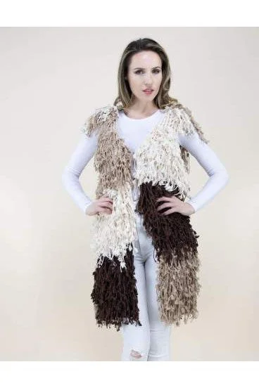 Very Moda Khaki Color Block Fringe Vest