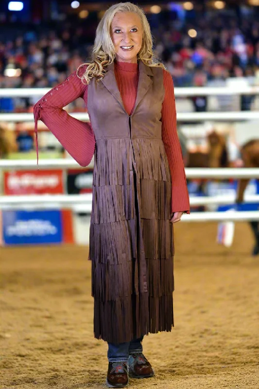 W.A.Y Wonderful & Young Western Tiered Long Fringe Suede Vest In Brown