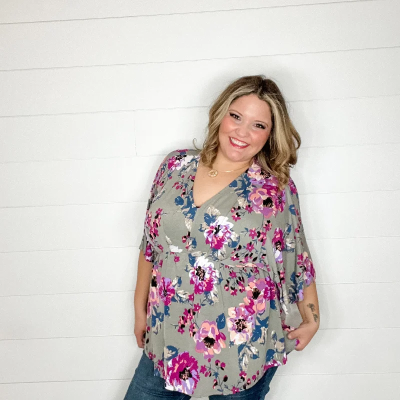 "Well Wishes" Floral V Neck 3/4 Bell Sleeve